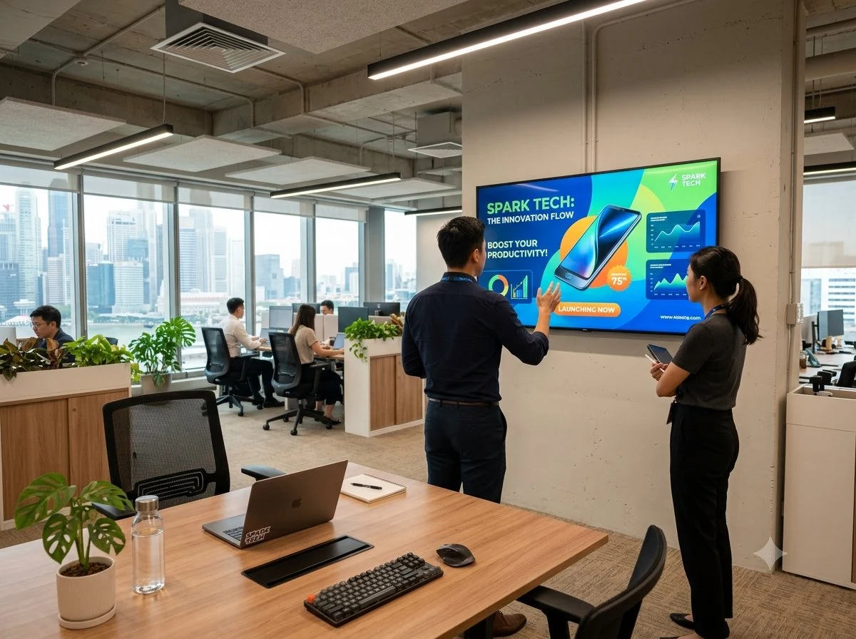 ADDPLAY team reviewing digital signage display